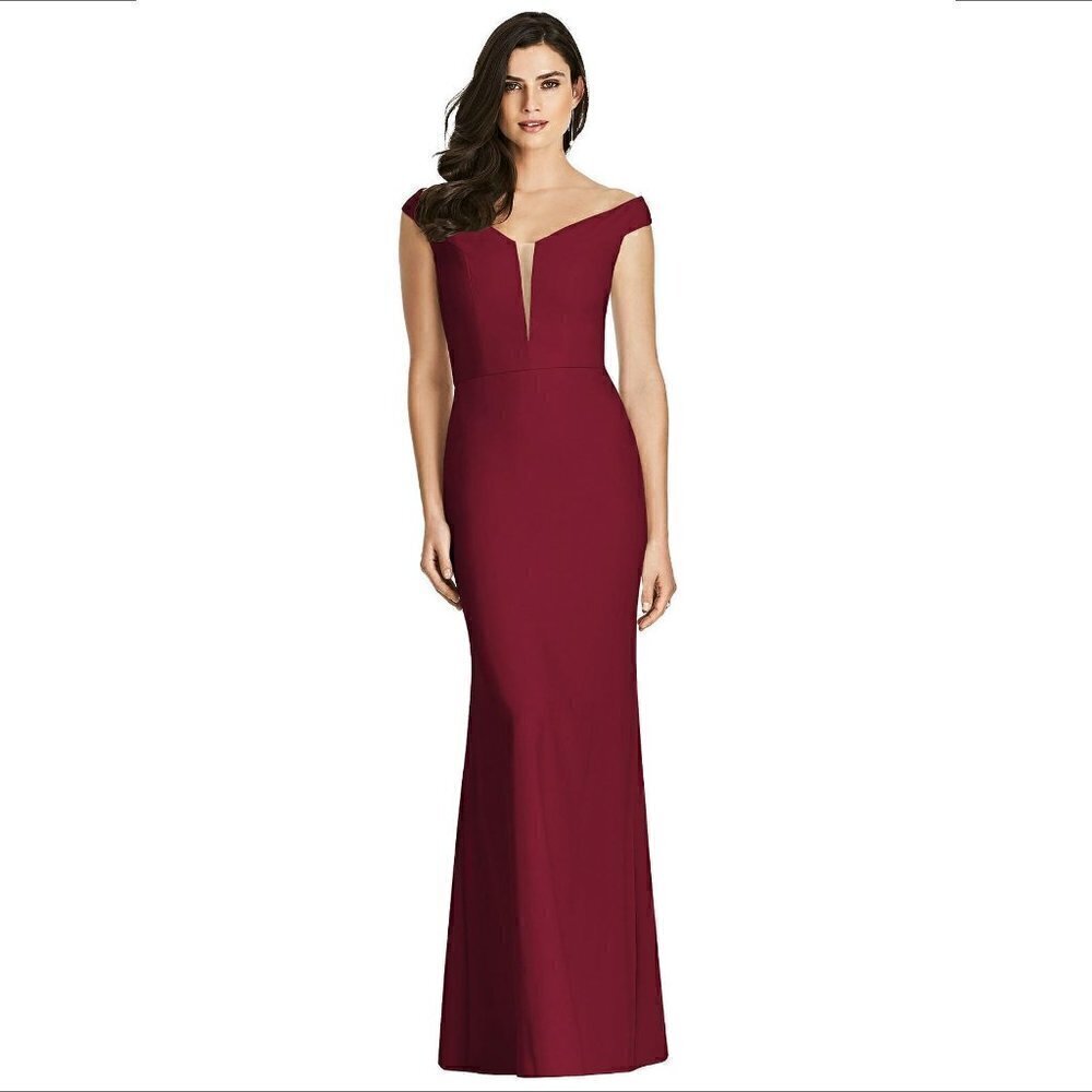 Dessy Collection formal maxi gown dress trumpet burgundy off the shoulder new 4
